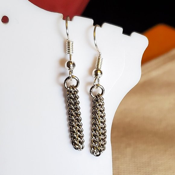 Silver Tone Hook Chain Loop Tassel Dangle Earrings - Picture 1 of 3